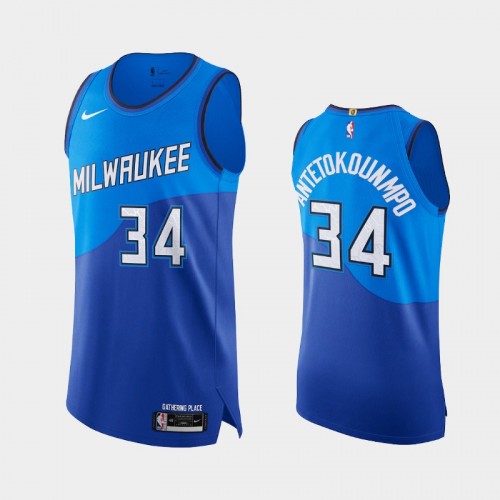 Men Milwaukee Bucks Giannis Antetokounmpo #34 2020-21 Authentic City Edition Player Blue Jersey