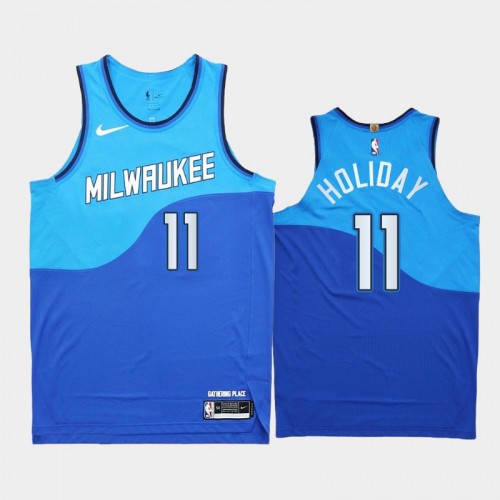 Men Milwaukee Bucks Jrue Holiday #21 2020-21 Authentic City Edition New Uniform Blue Jersey