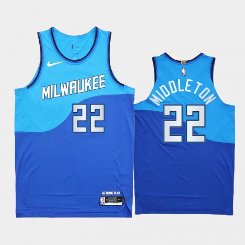 Men Milwaukee Bucks Khris Middleton #22 2020-21 Authentic City Edition New Uniform Blue Jersey