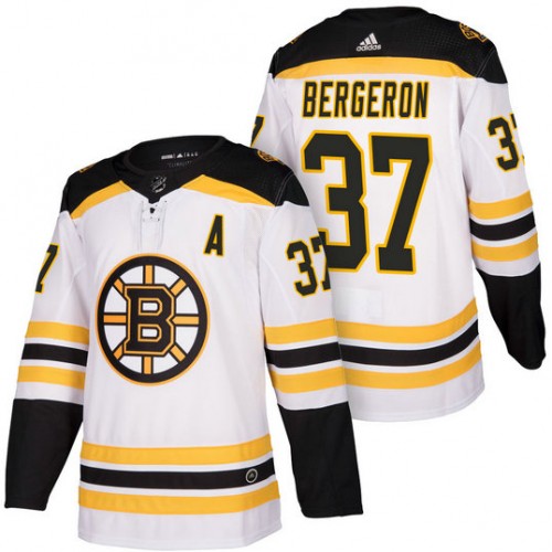 #37 Patrice Bergeron White 2018 Season Authentic Team Away Jersey