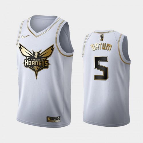 Men's Charlotte Hornets #5 Nicolas Batum White Golden Edition Jersey