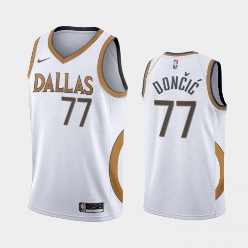 Men Dallas Mavericks #77 Luka Doncic 2020-21 City Edition Gold silver logo White Jersey