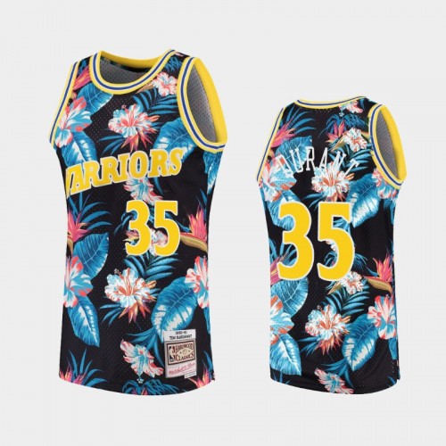 Men's Golden State Warriors #35 Kevin Durant Floral Fashion Hardwood Classics Black Jersey