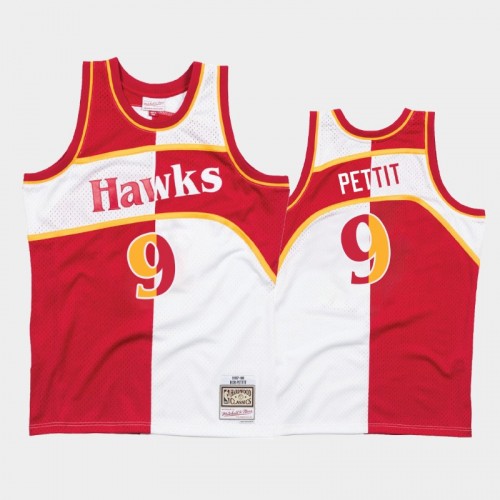 Hawks #9 Bob Pettit Split Hardwood Classics White Red Jersey