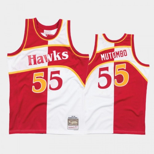 Hawks #55 Dikembe Mutombo Split Hardwood Classics White Red Jersey