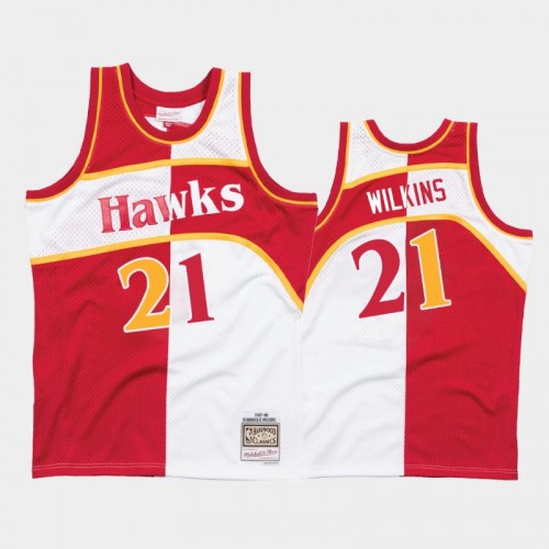 Hawks #21 Dominique Wilkins Split Hardwood Classics White Red Jersey