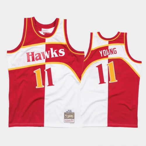 Hawks #11 Trae Young Split Hardwood Classics White Red Jersey