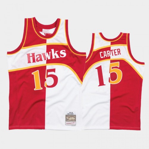 Hawks #15 Vince Carter Split Hardwood Classics White Red Jersey