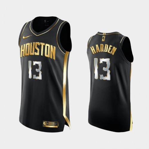 Men Houston Rockets #13 James Harden Black Golden Edition 2X Champs Authentic Jersey