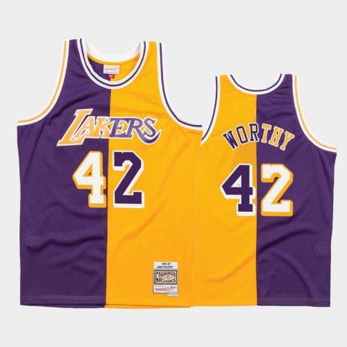 Lakers #42 James Worthy Split Hardwood Classics Purple Gold Jersey