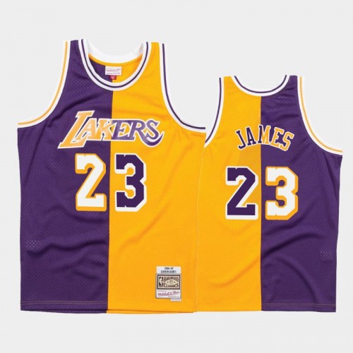 Lakers #23 LeBron James Split Hardwood Classics Purple Gold Jersey