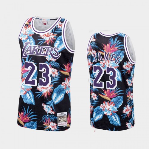 Men's Los Angeles Lakers #23 LeBron James Floral Fashion Hardwood Classics Black Jersey