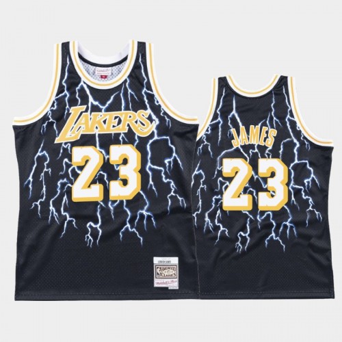 Men's Los Angeles Lakers #23 LeBron James Black Lightning Hardwood Classics Jersey