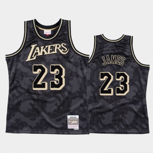 Men's Los Angeles Lakers #23 LeBron James Black Toile Metallic Classic Jersey