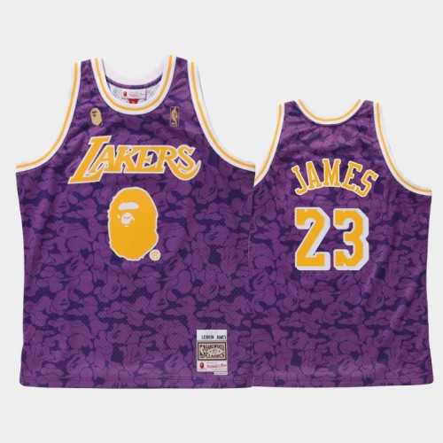 Men's Los Angeles Lakers #23 LeBron James Purple BAPE X Mitchell Classic Jersey