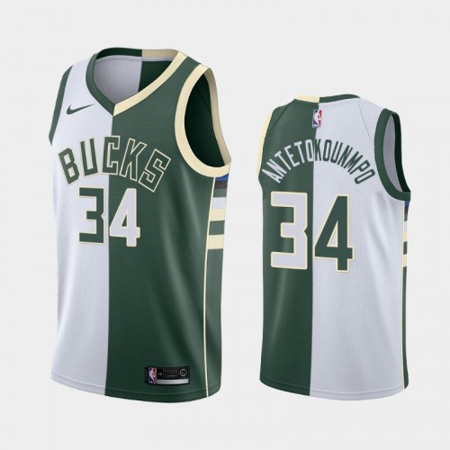 Men's Milwaukee Bucks #34 Giannis Antetokounmpo White Green Split Two-Tone Jersey