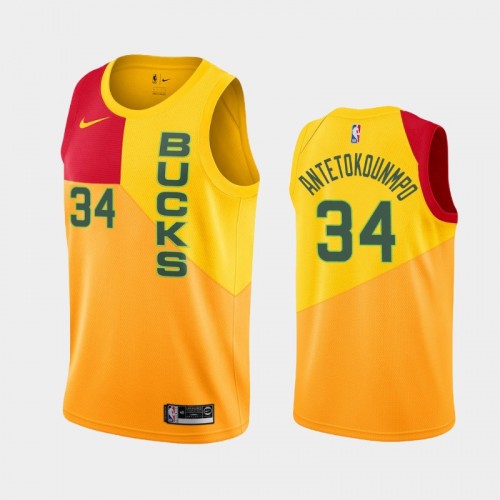 Men's Milwaukee Bucks #34 Giannis Antetokounmpo Yellow 2018-19 City Jersey