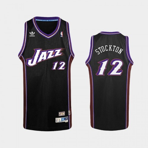 Men's Utah Jazz #12 John Stockton Black Hardwood Classics Jersey