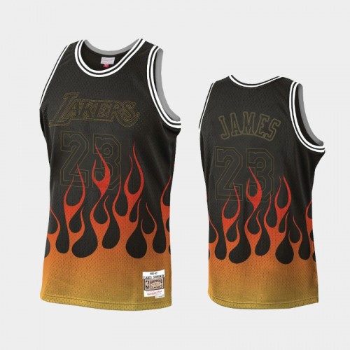 Men's Los Angeles Lakers #23 LeBron James Black Flames Jersey