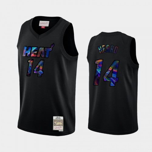 Miami Heat #14 Tyler Herro Black Iridescent Logo Holographic Hardwood Classics Jersey