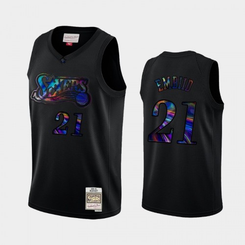 Philadelphia 76ers #21 Joel Embiid Black Iridescent Logo Holographic Hardwood Classics Jersey