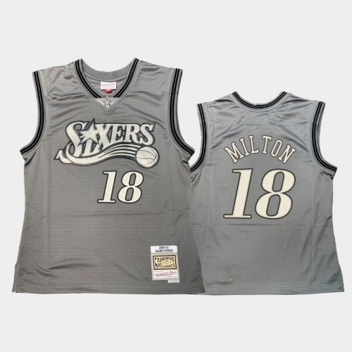 Philadelphia 76ers #18 Shake Milton Gray Hardwood Classics Throwback Metal Works Jersey