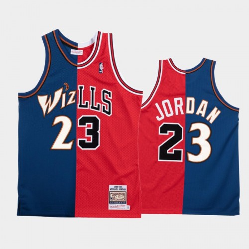 Bulls X Wizards #23 Michael Jordan Red Navy Retired Number Split Special Edition Jersey