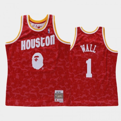 Men Houston Rockets #1 John Wall Red BAPE X Mitchell Ness Hardwood Classics Jersey