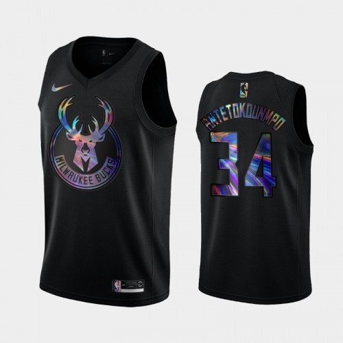 Milwaukee Bucks #34 Giannis Antetokounmpo Black Iridescent Holographic Limited Edition Jersey