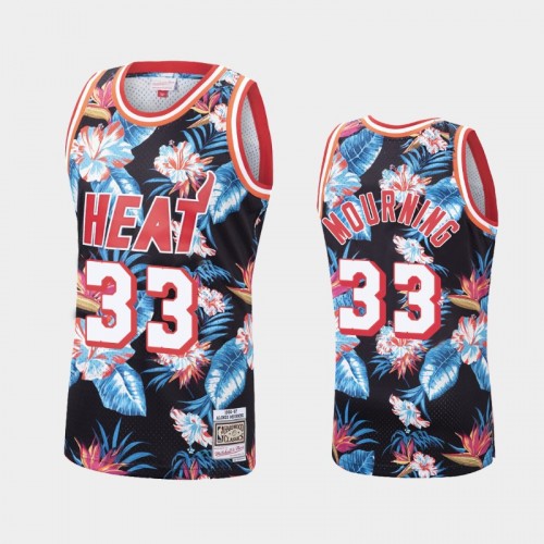 Men's Miami Heat #33 Alonzo Mourning Floral Fashion Hardwood Classics Black Jersey