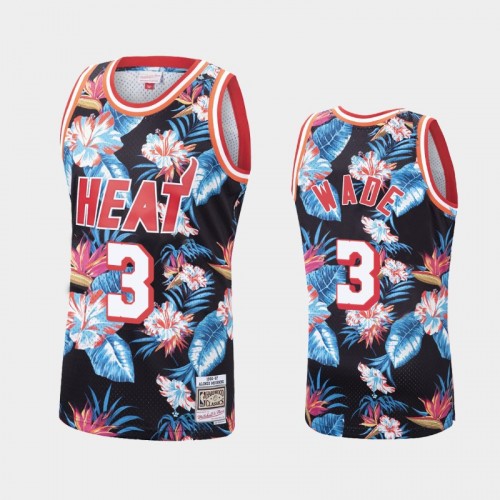 Men's Miami Heat #3 Dwyane Wade Floral Fashion Hardwood Classics Black Jersey