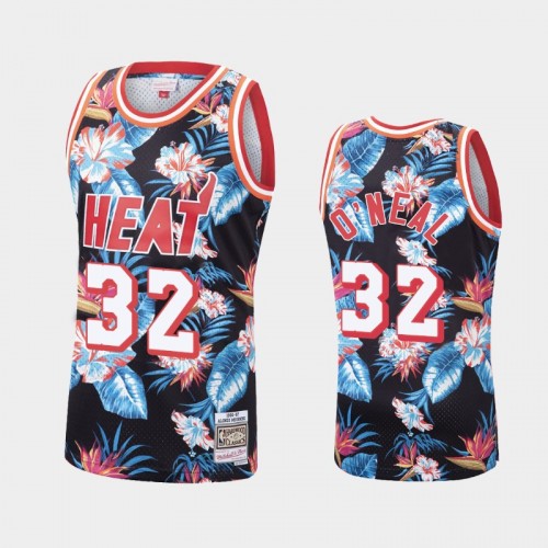 Men's Miami Heat #32 Shaquille O'Neal Floral Fashion Hardwood Classics Black Jersey
