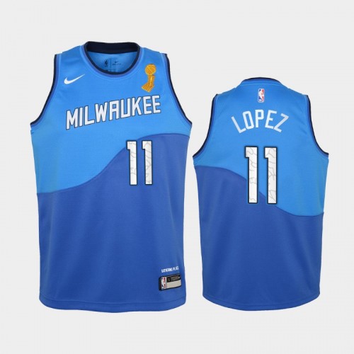 Milwaukee Bucks #11 Brook Lopez 2021 NBA Finals Champions Blue City Edition Jersey