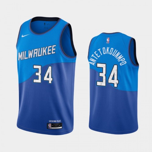 Men's Milwaukee Bucks #34 Giannis Antetokounmpo 2020-21 City Blue Jersey