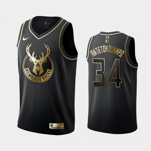 Men's Milwaukee Bucks #34 Giannis Antetokounmpo Black Golden Logo Jersey