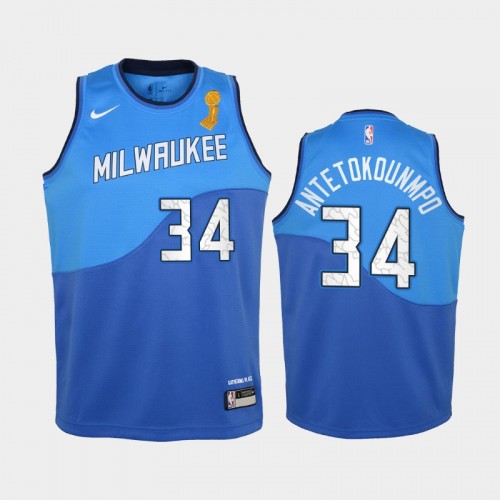 Milwaukee Bucks #34 Giannis Antetokounmpo 2021 NBA Finals Champions Blue City Edition Jersey