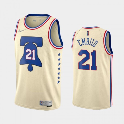 Men's Philadelphia 76ers #21 Joel Embiid 2021 Earned Cream Jersey