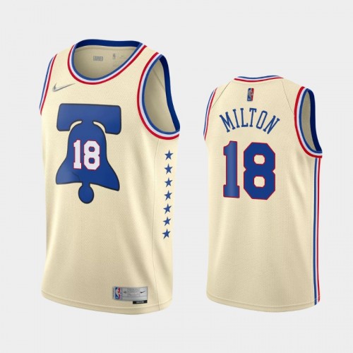 Men's Philadelphia 76ers #18 Shake Milton 2021 Earned Cream Jersey