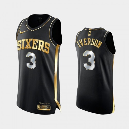 Men Philadelphia 76ers #3 Allen Iverson Black Golden Edition 3X Champs Authentic Jersey