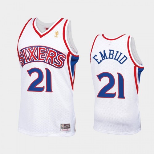 Men Philadelphia 76ers #21 Joel Embiid Throwback 90s HWC Swingman White Jersey