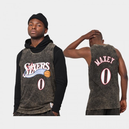 Philadelphia 76ers Tyrese Maxey Men #0 Quintessential Black Worn Out Tnak Jersey