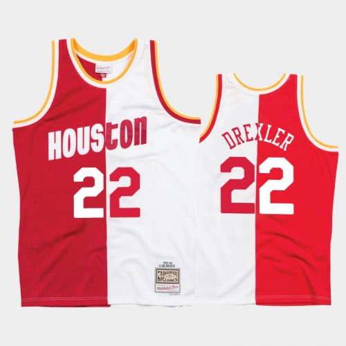 Rockets #22 Clyde Drexler Split Hardwood Classics White Red Jersey