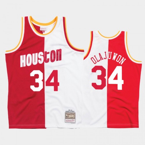 Rockets #34 Hakeem Olajuwon Split Hardwood Classics White Red Jersey