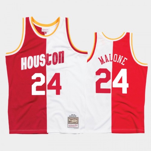 Rockets #24 Moses Malone Split Hardwood Classics White Red Jersey