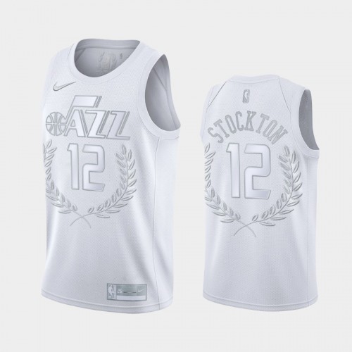 Men's Utah Jazz #12 John Stockton White Platinum Edition Glory Retired Jersey