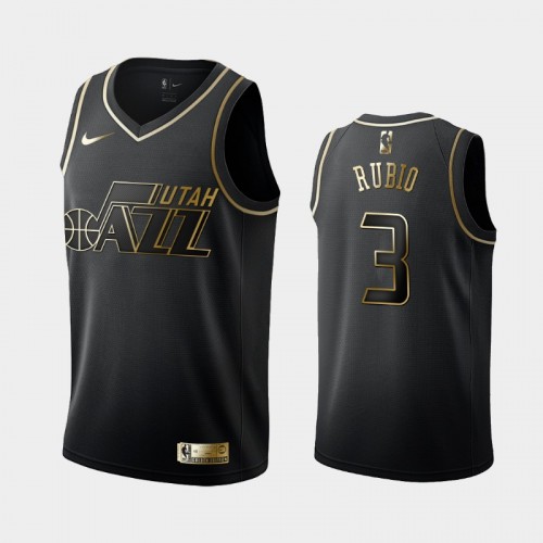 Men's Utah Jazz #3 Ricky Rubio Black Golden Logo Jersey