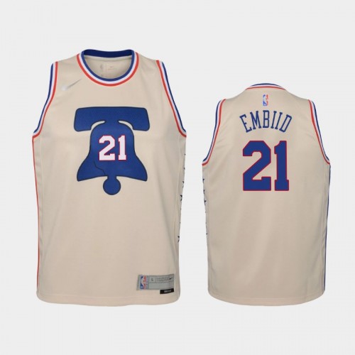 Youth 2021 Philadelphia 76ers #21 Joel Embiid Cream Earned Jersey