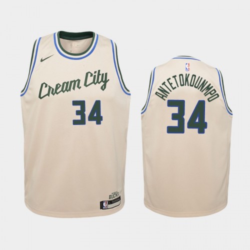 Youth Milwaukee Bucks City #34 Giannis Antetokounmpo 2019-20 Cream Jersey