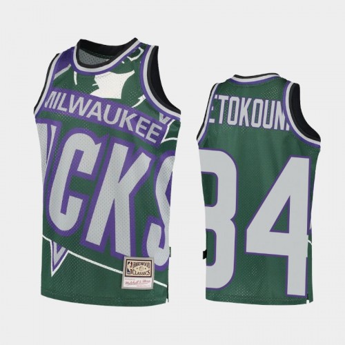 Youth Milwaukee Bucks #34 Giannis Antetokounmpo Green Big Face 2.0 Jersey - Hardwood Classics